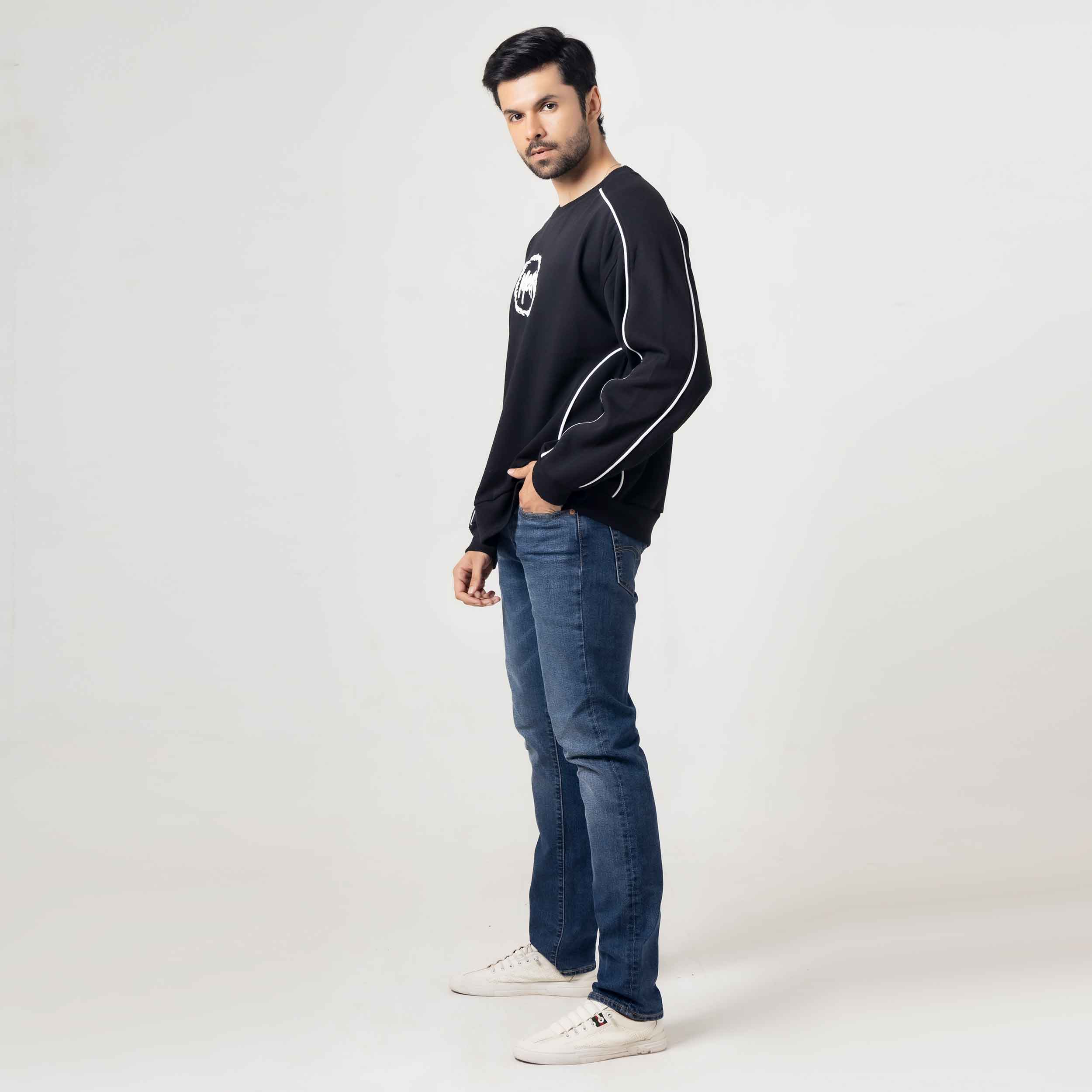 Men's Black Crewneck Sweatshirt with White Piping