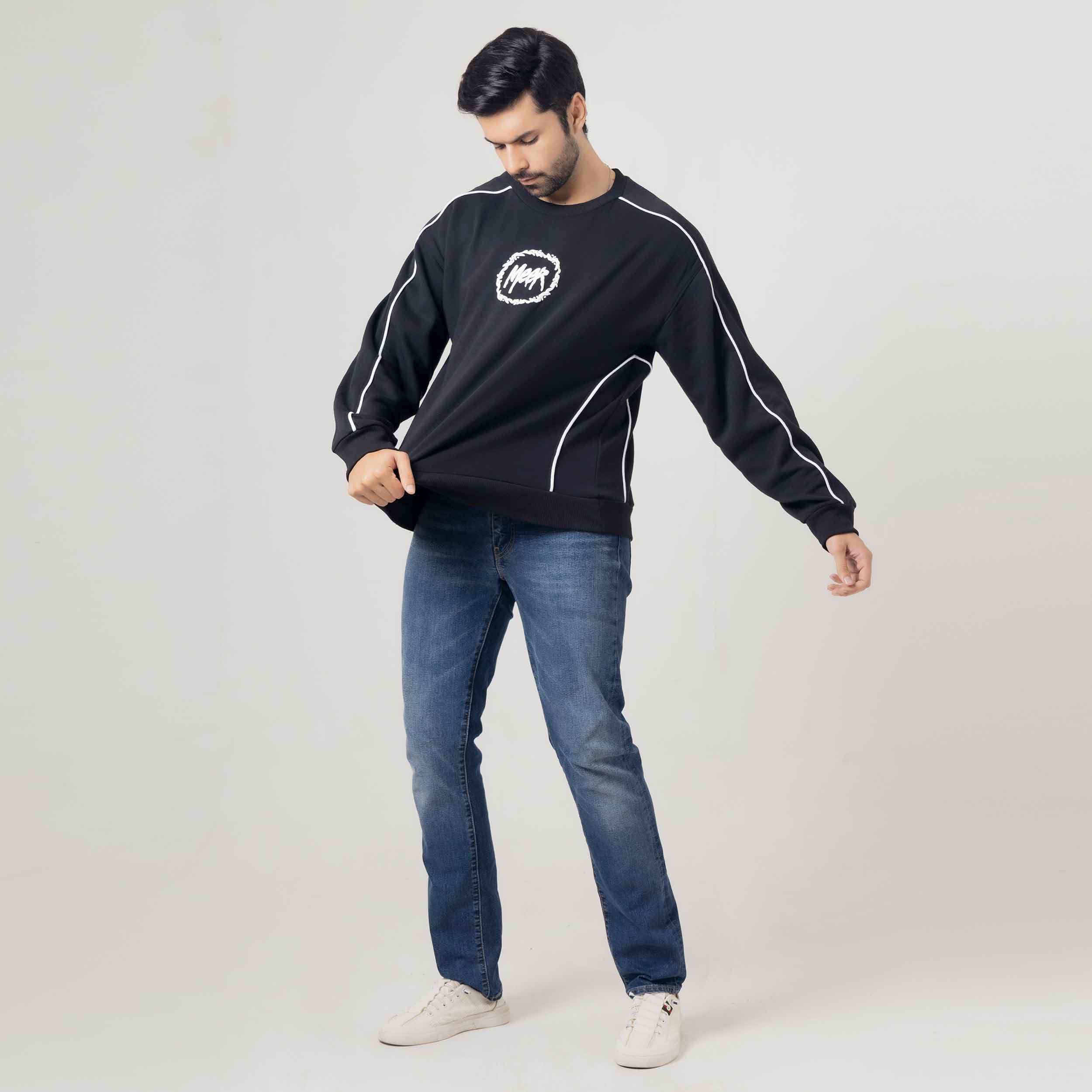 Men's Black Crewneck Sweatshirt with White Piping