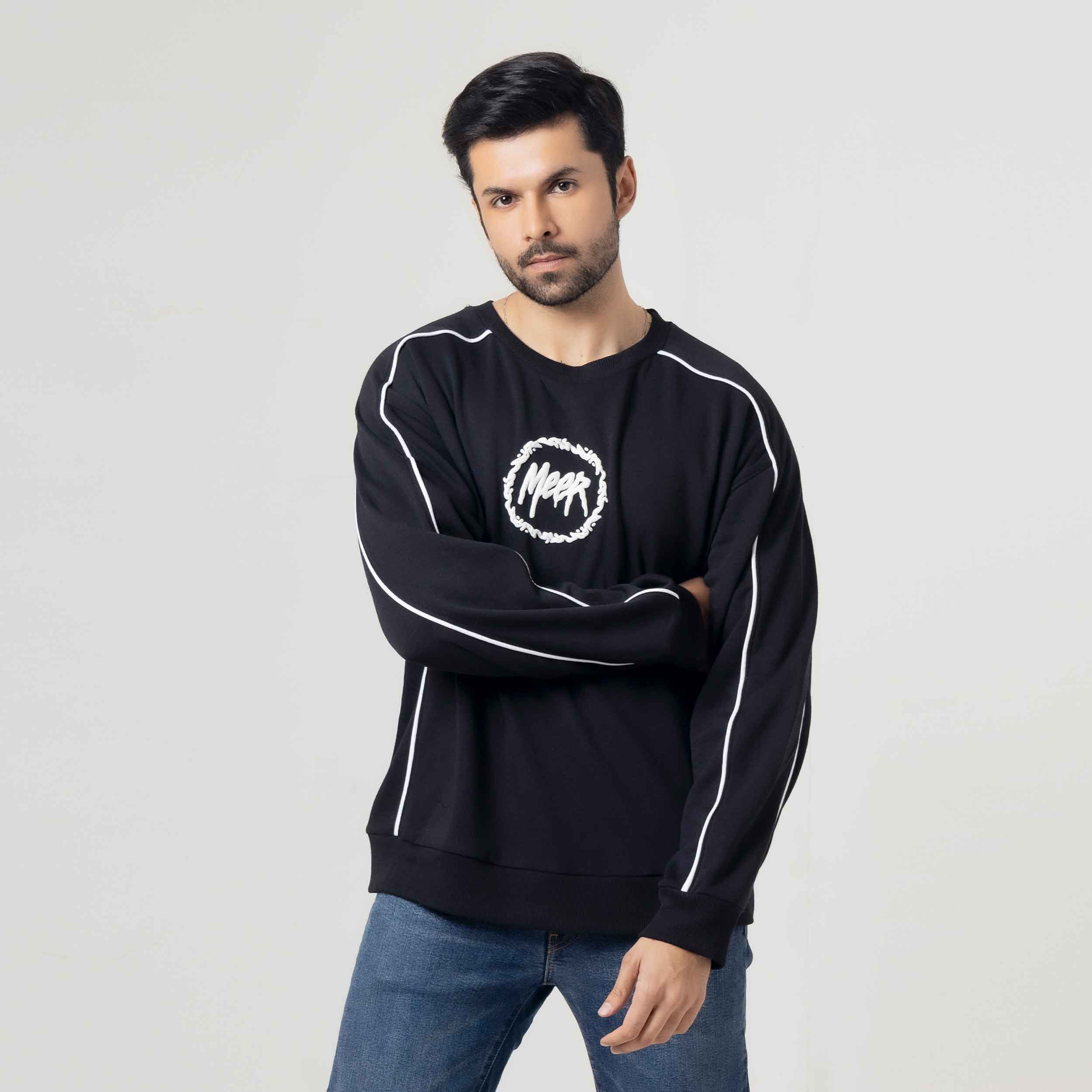 Men's Black Crewneck Sweatshirt with White Piping