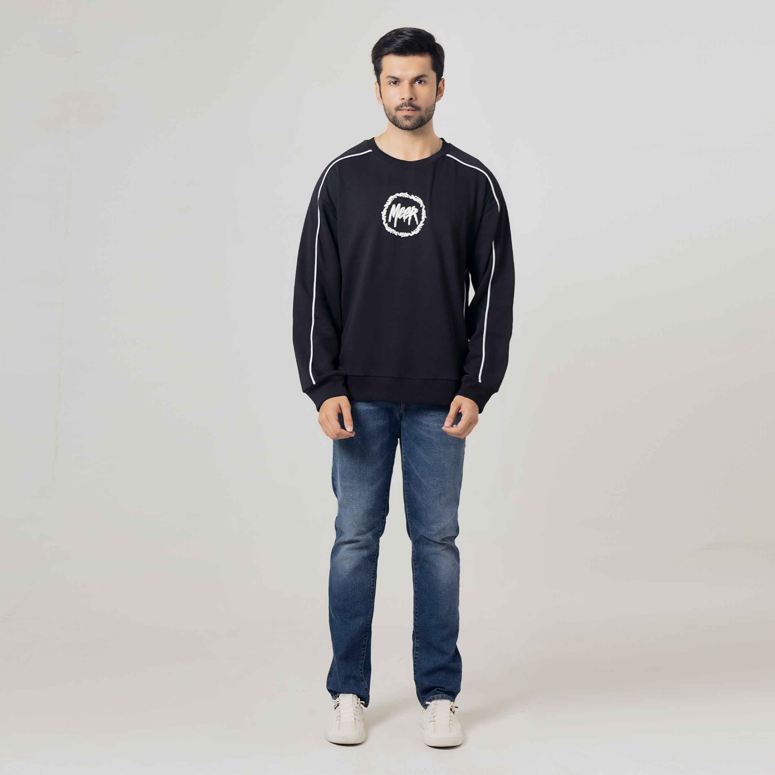 Men's Black Crewneck Sweatshirt with White Piping