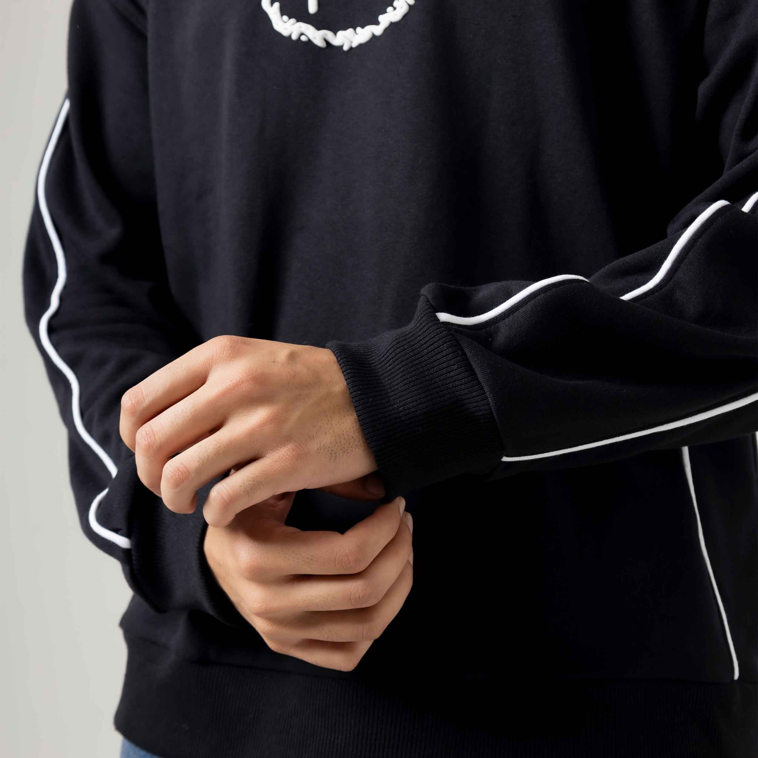 Men's Black Crewneck Sweatshirt with White Piping