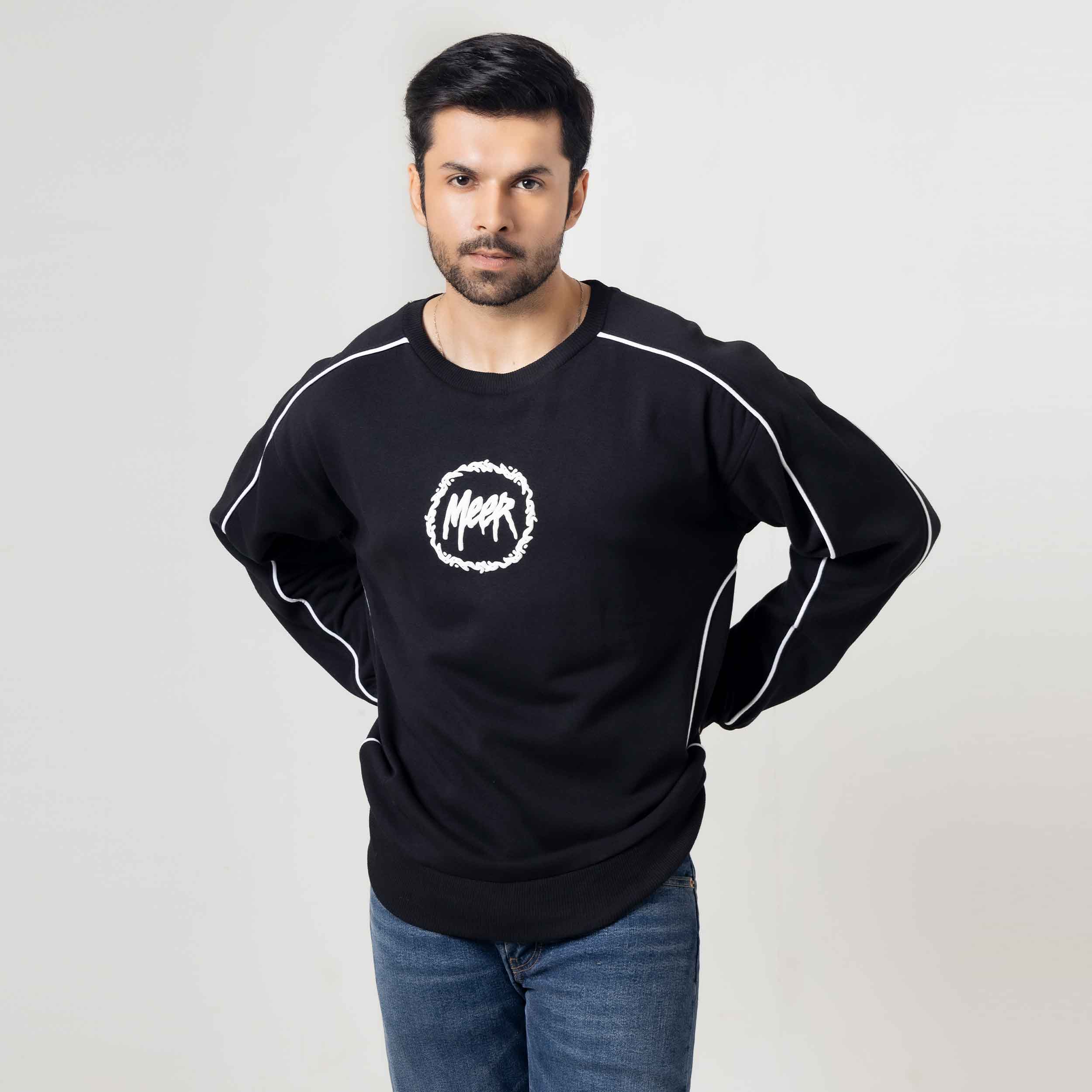 Men's Black Crewneck Sweatshirt with White Piping