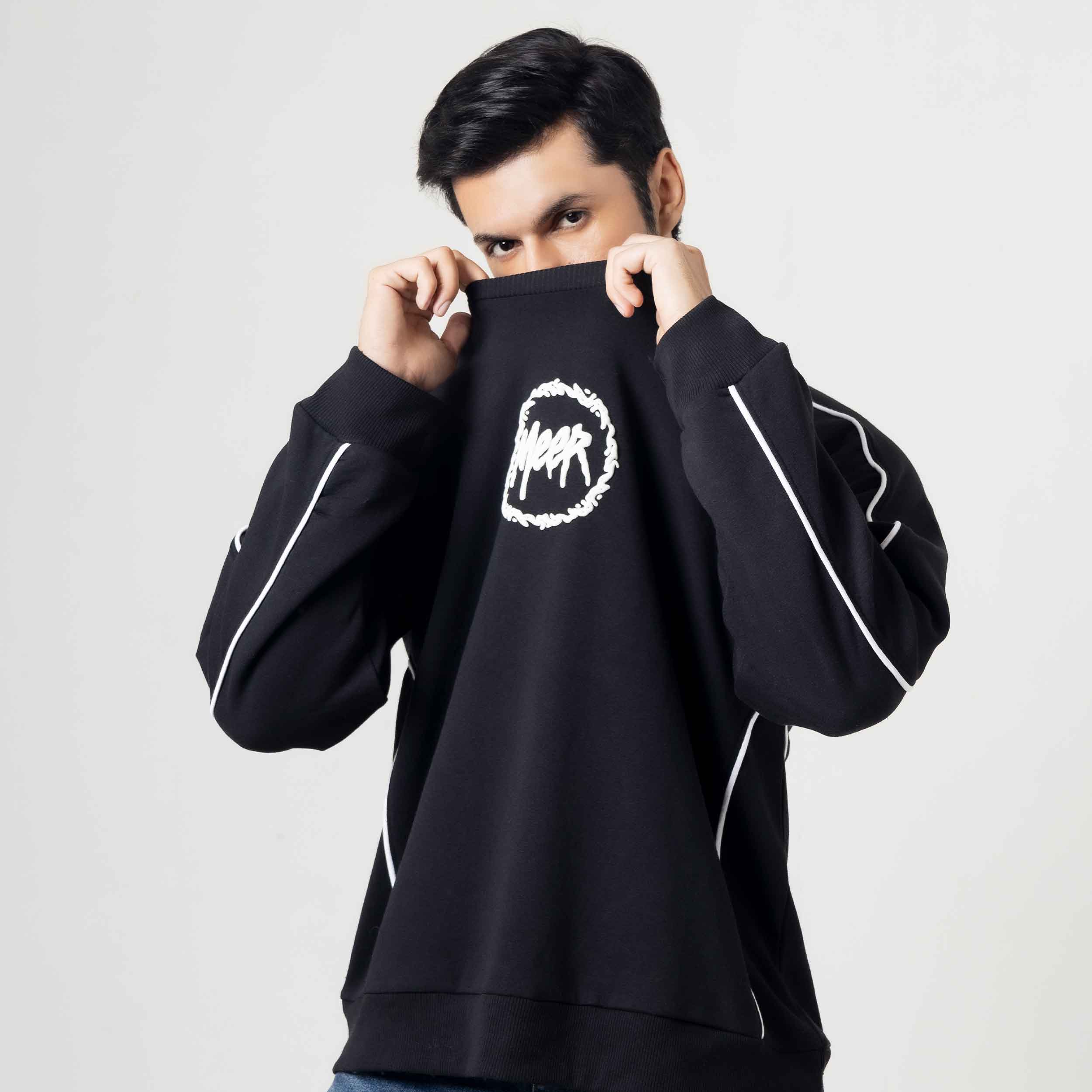 Men's Black Crewneck Sweatshirt with White Piping