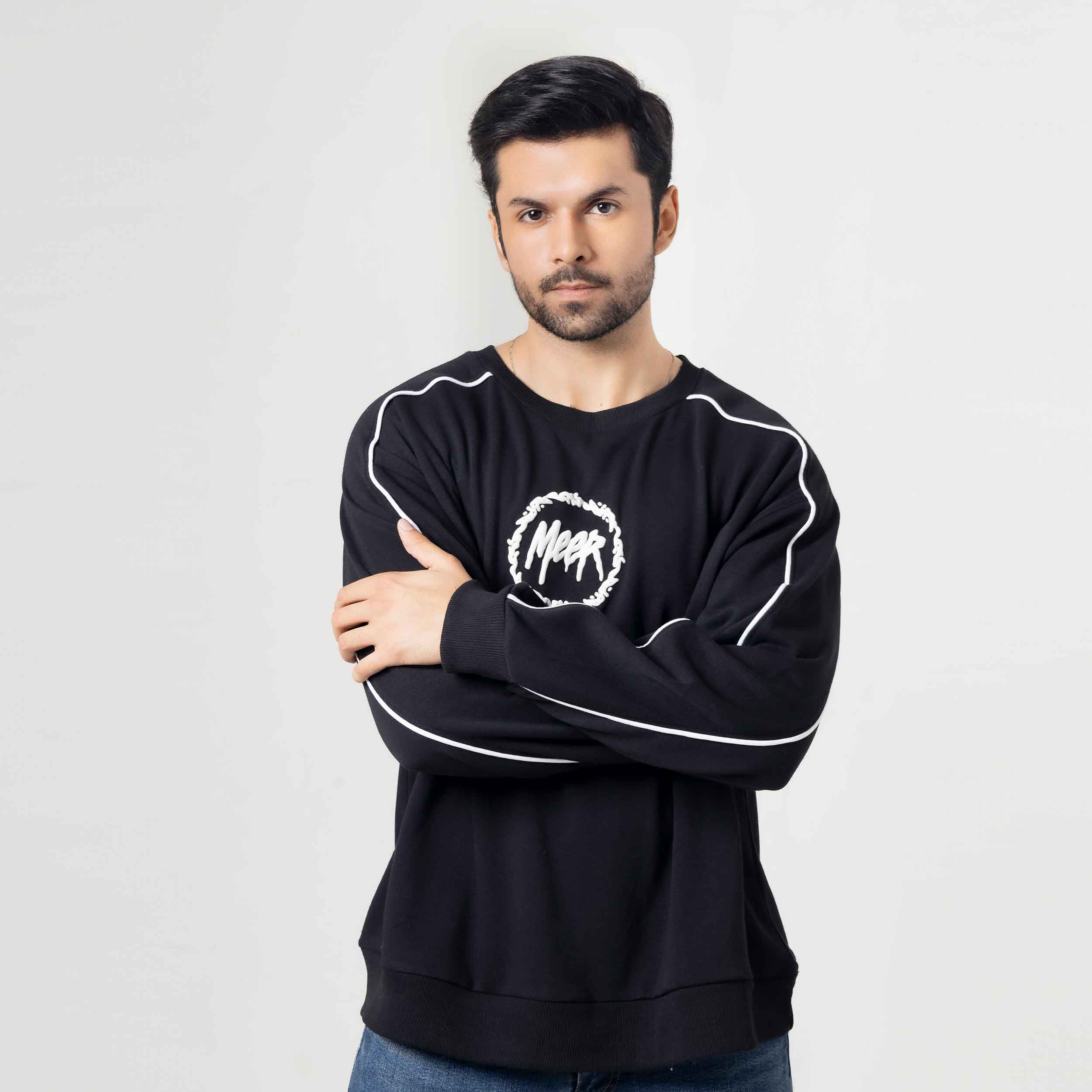 Men's Black Crewneck Sweatshirt with White Piping