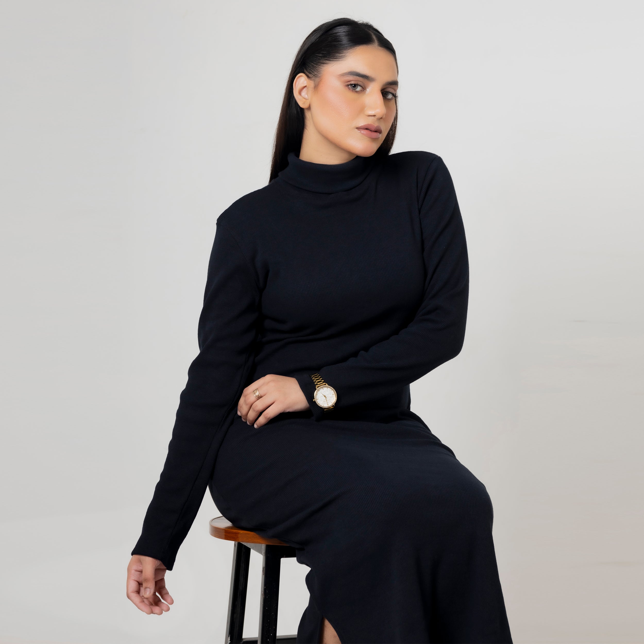 Long Sleeve High Neck Fitted Midi Black Dress
