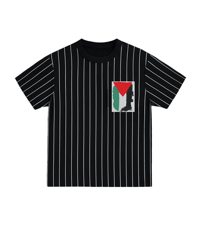 Black Striped T-Shirt with Flag-Inspired Chest Print – Bold & Stylish