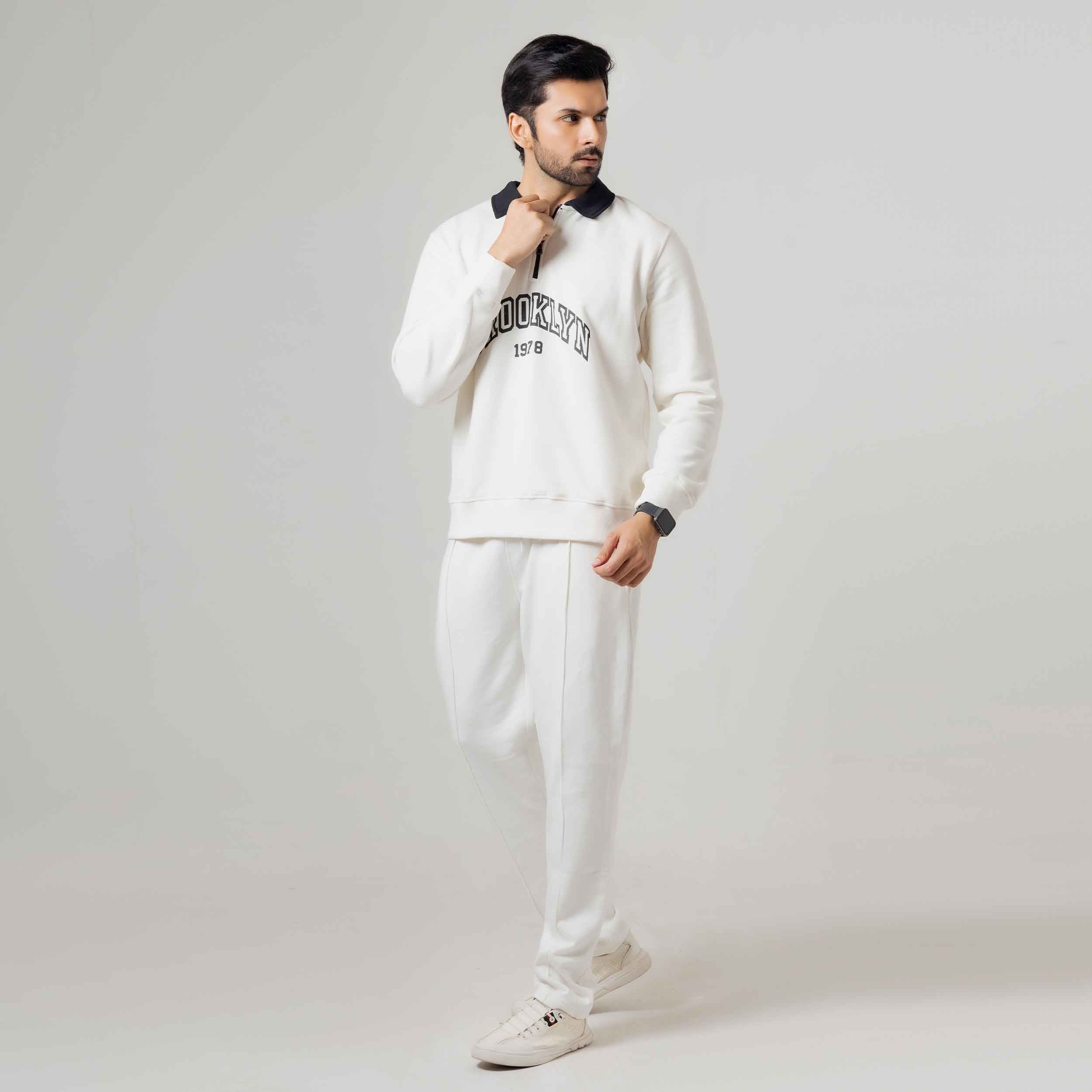 White Graphic Polo Sweatshirt