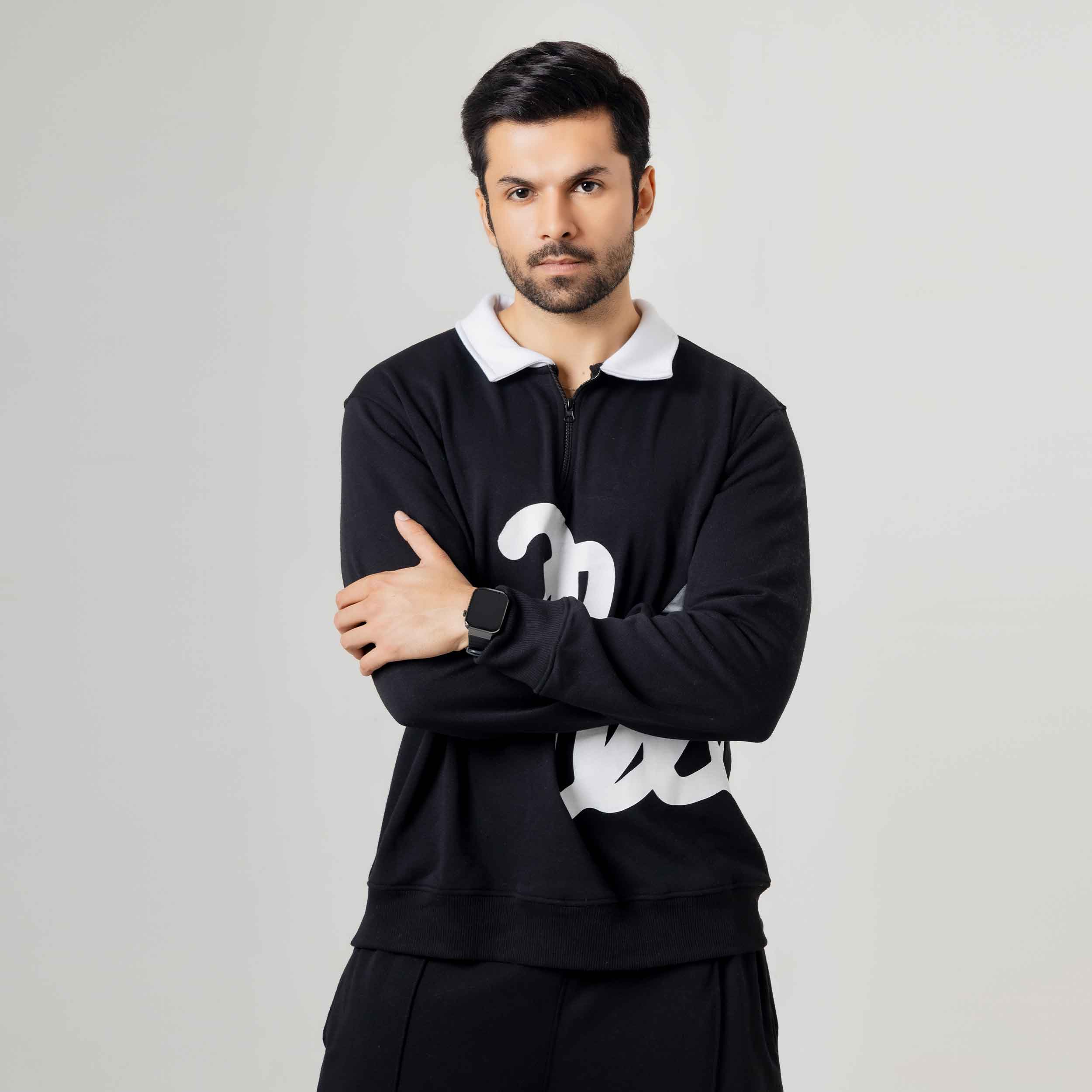 Black Long-Sleeve Rugby Style Sweatshirt