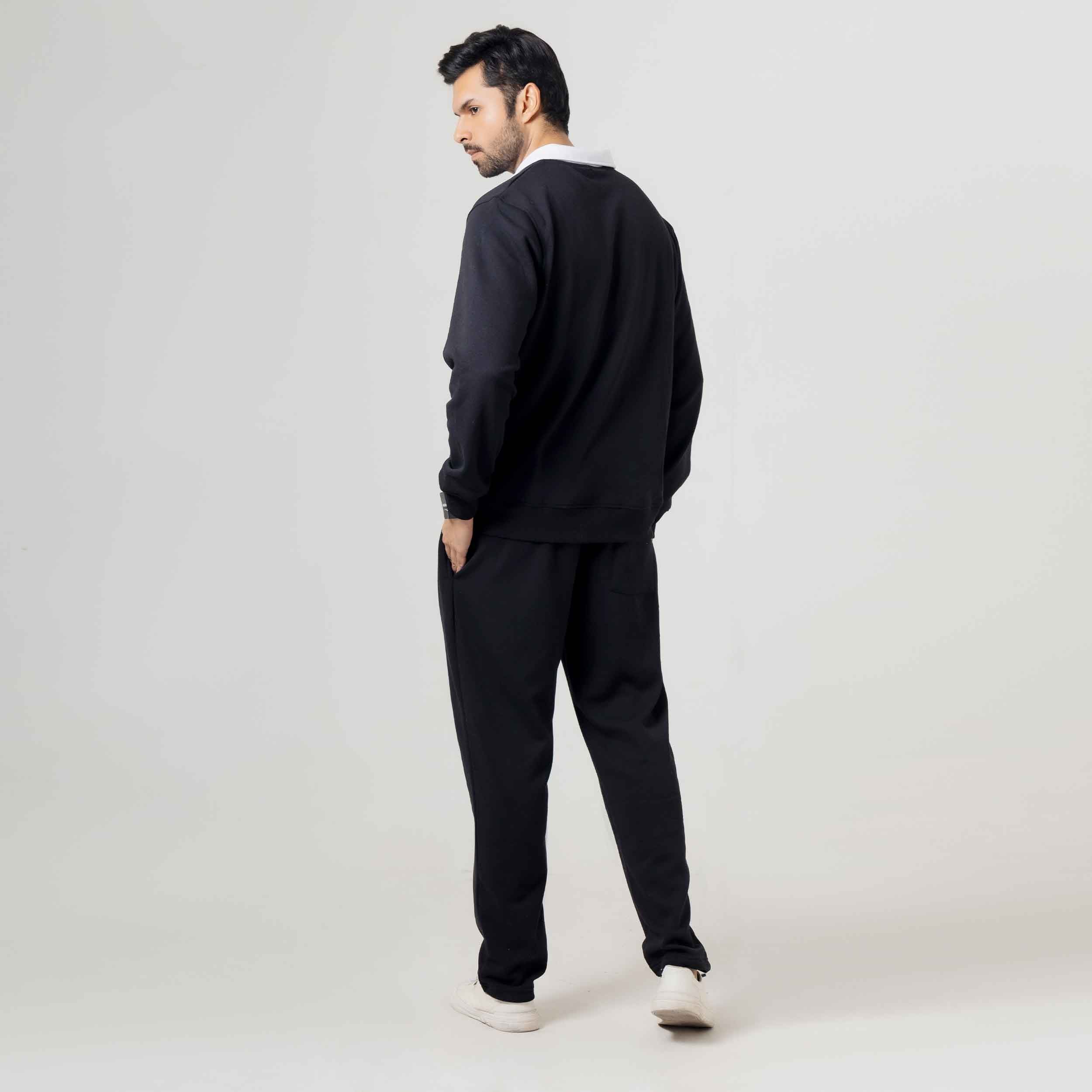 Black Long-Sleeve Rugby Style Sweatshirt