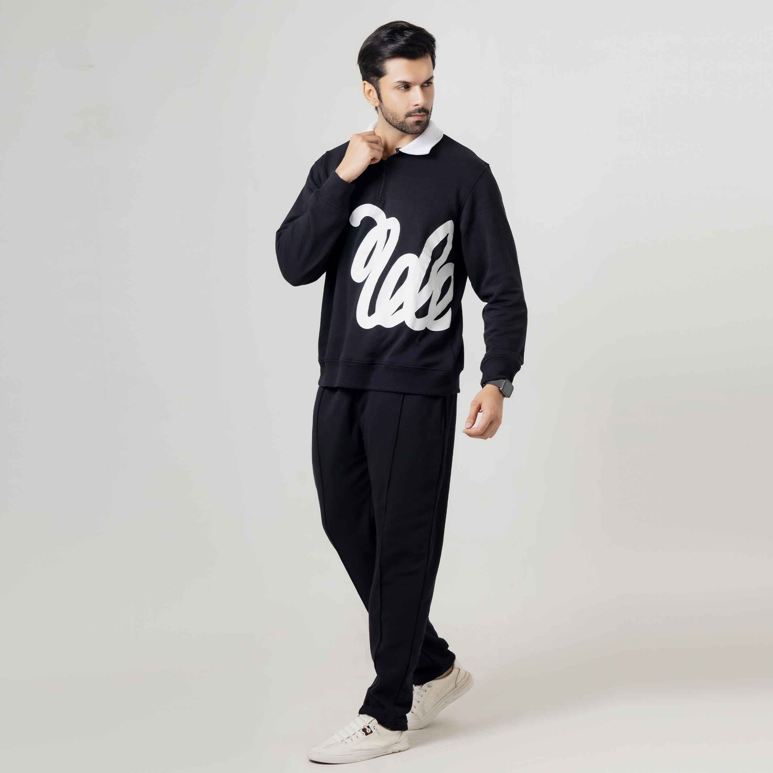 Black Long-Sleeve Rugby Style Sweatshirt