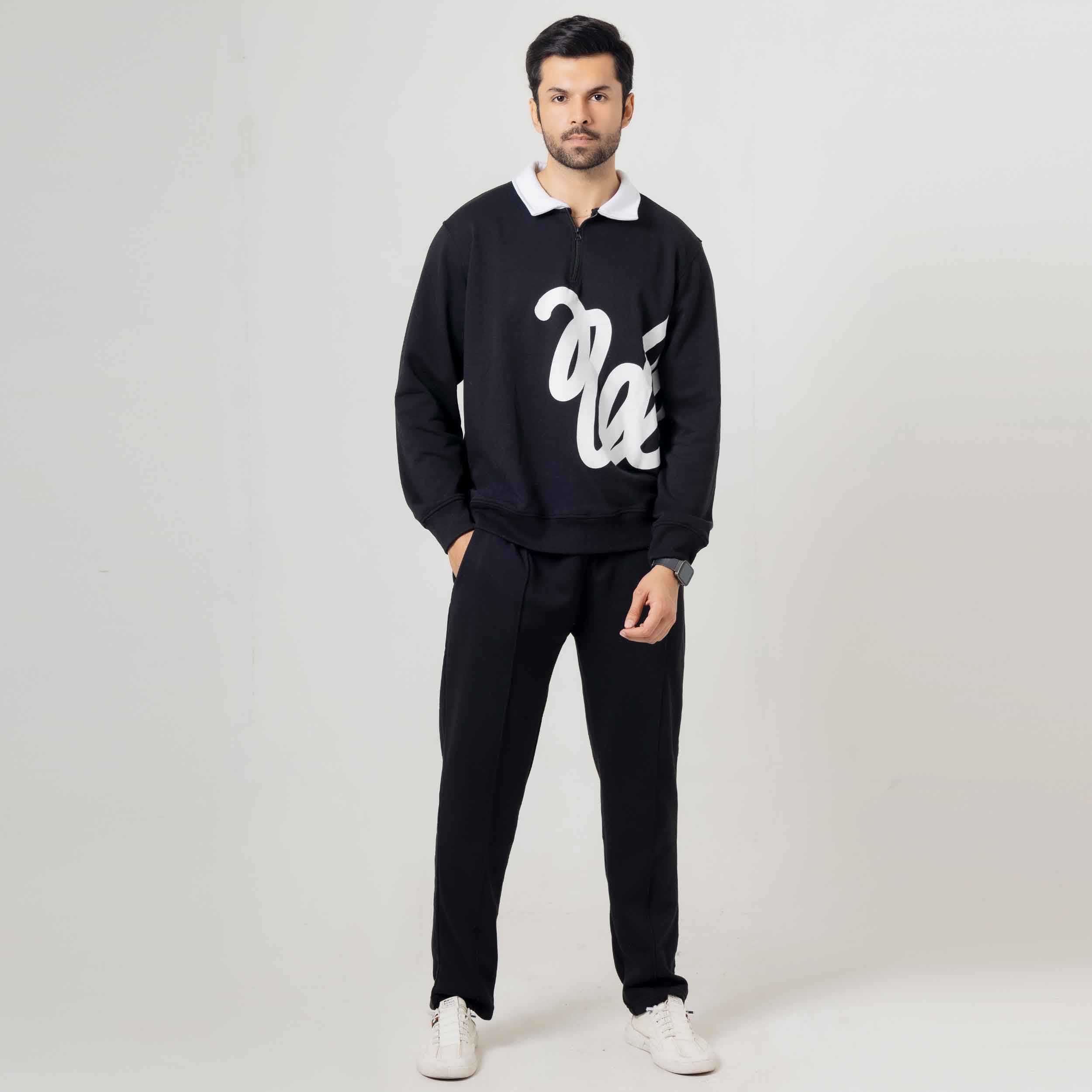 Black Long-Sleeve Rugby Style Sweatshirt