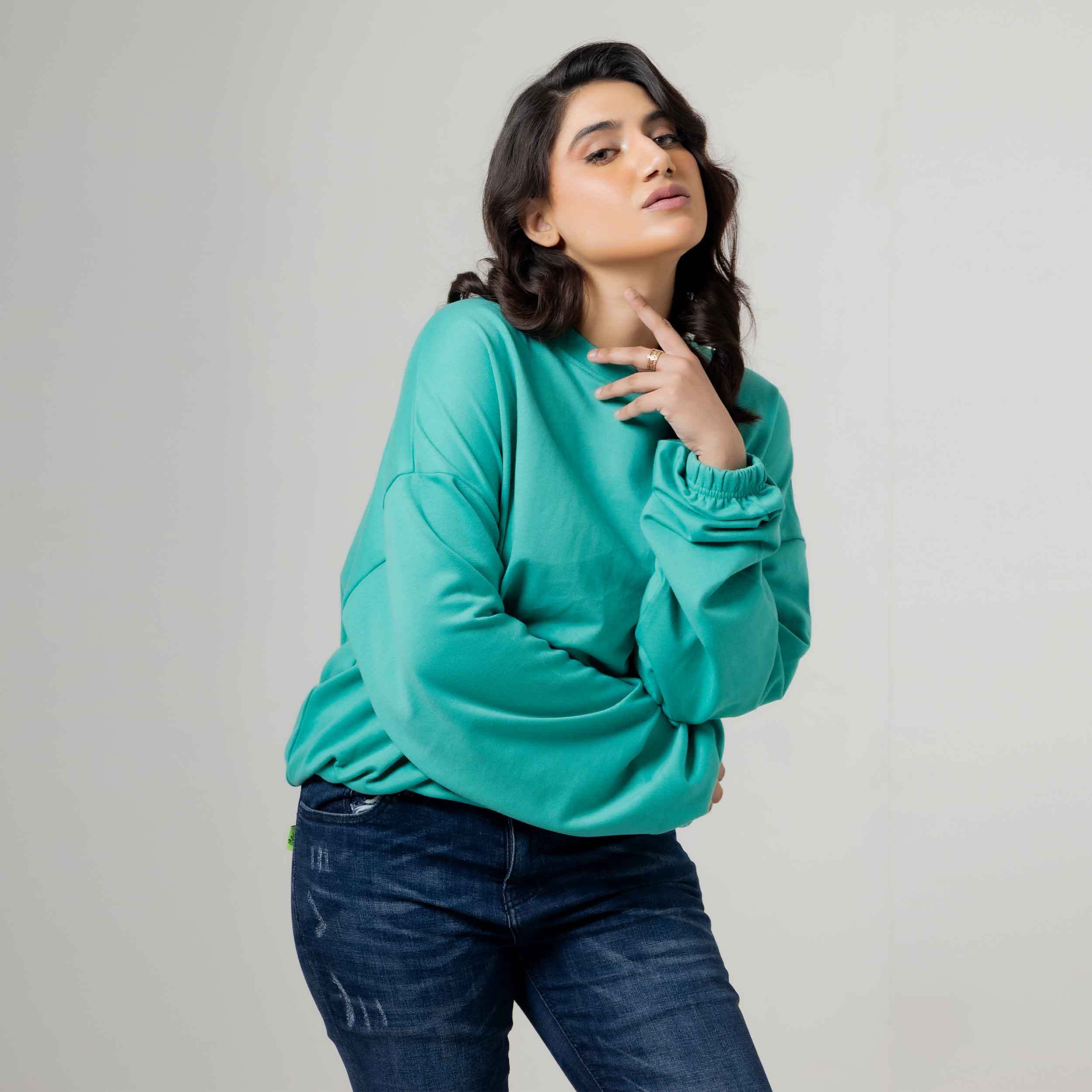 Casual Drop Shoulder Aqua Blue Sweatshirt