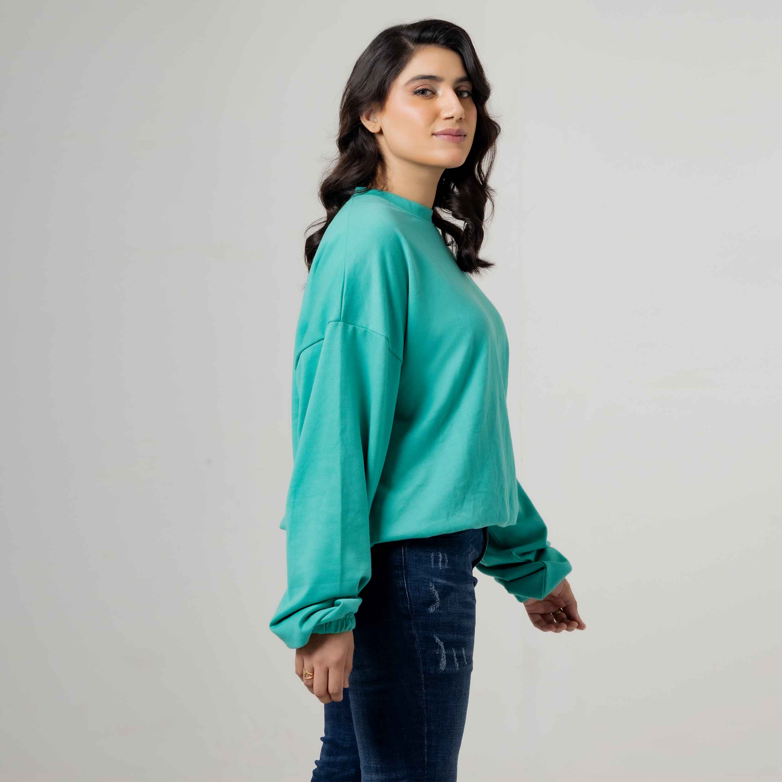 Casual Drop Shoulder Aqua Blue Sweatshirt
