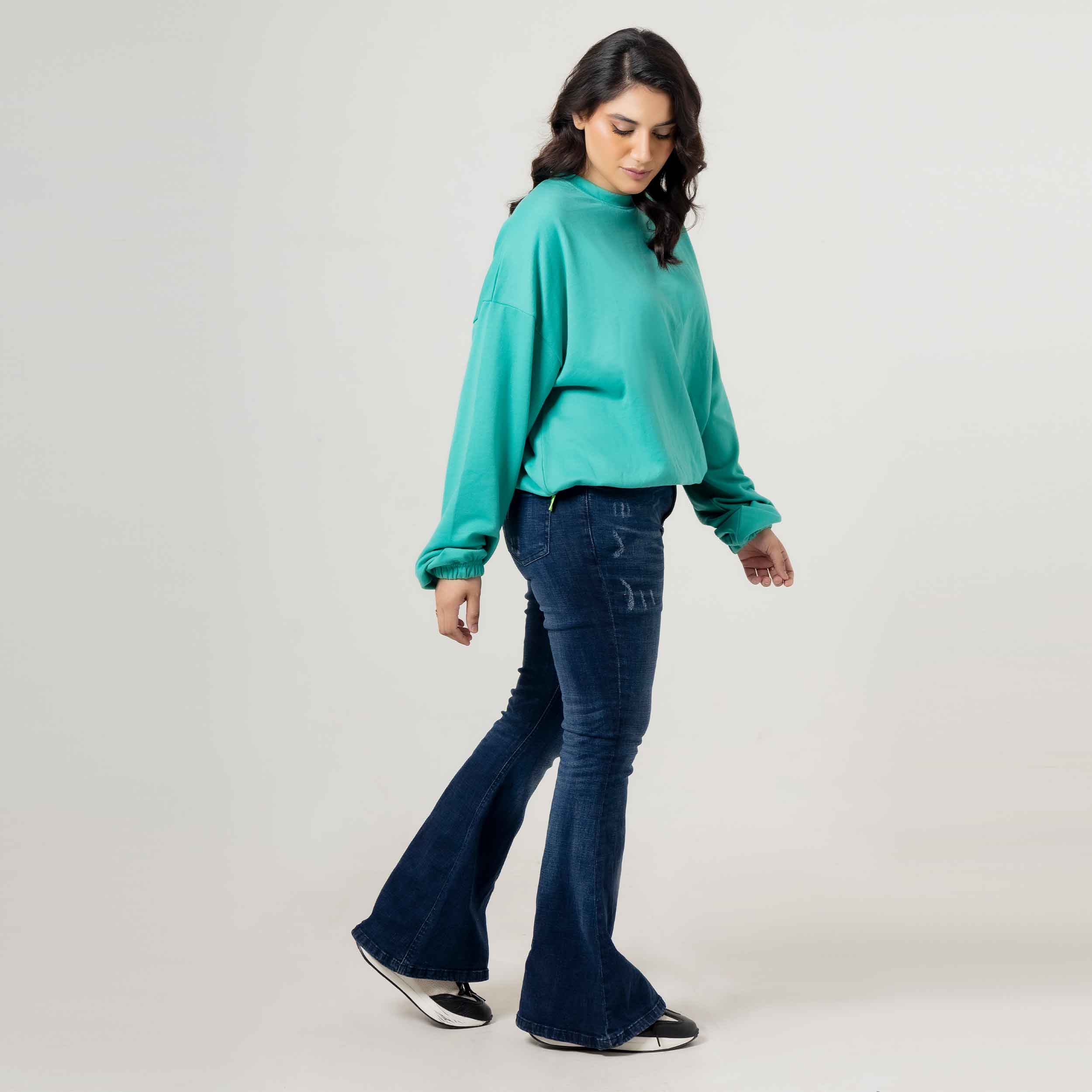 Casual Drop Shoulder Aqua Blue Sweatshirt