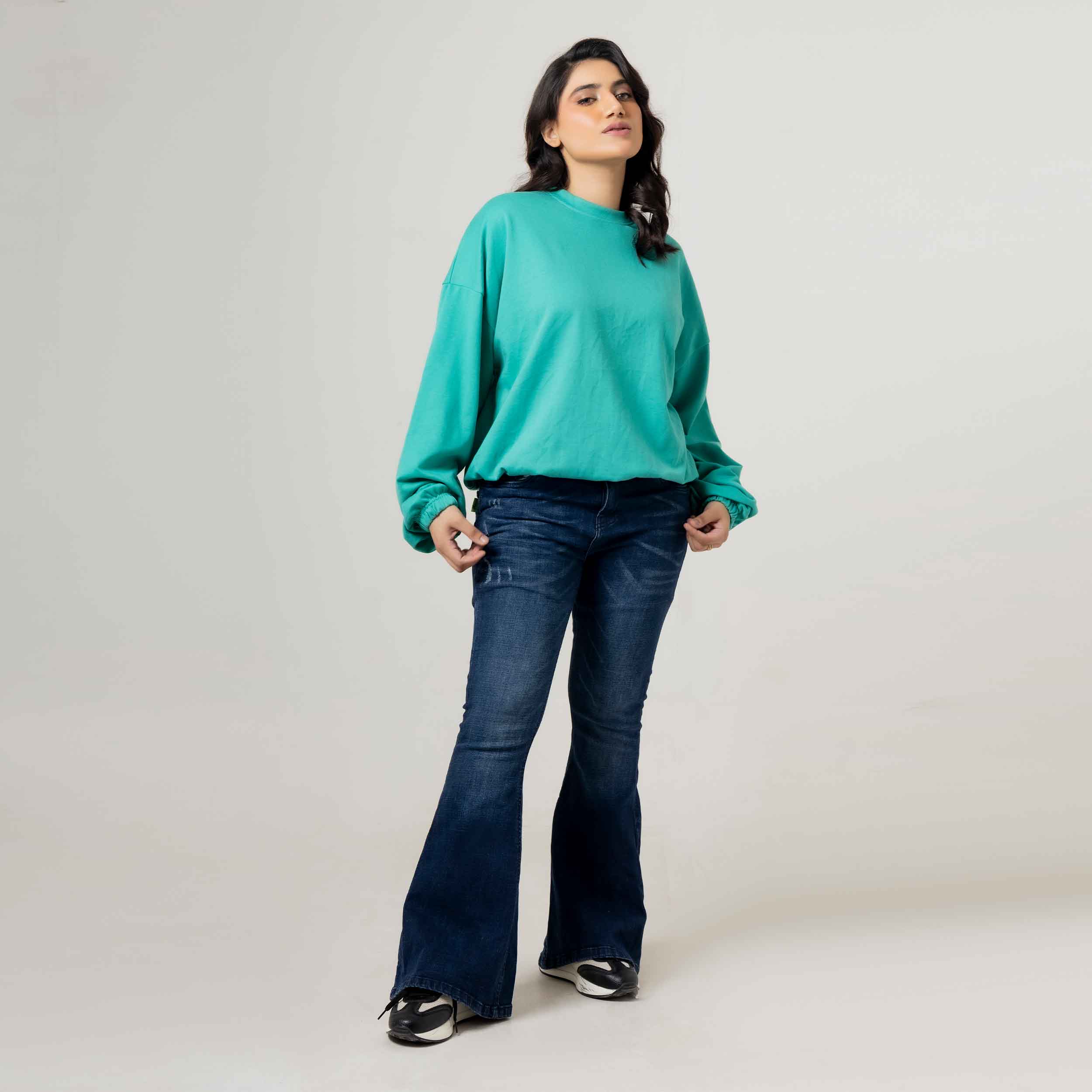 Casual Drop Shoulder Aqua Blue Sweatshirt