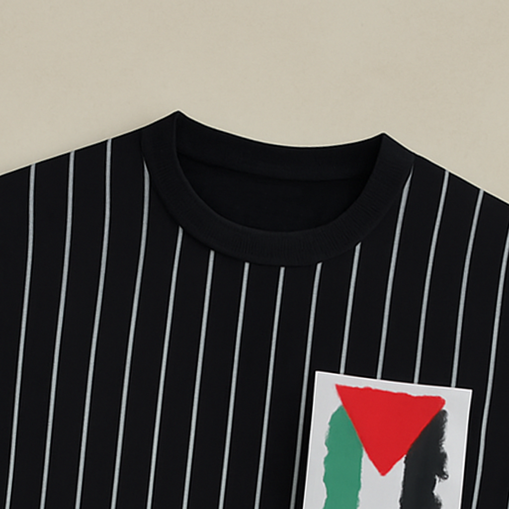 Black Striped T-Shirt with Flag-Inspired Chest Print – Bold & Stylish