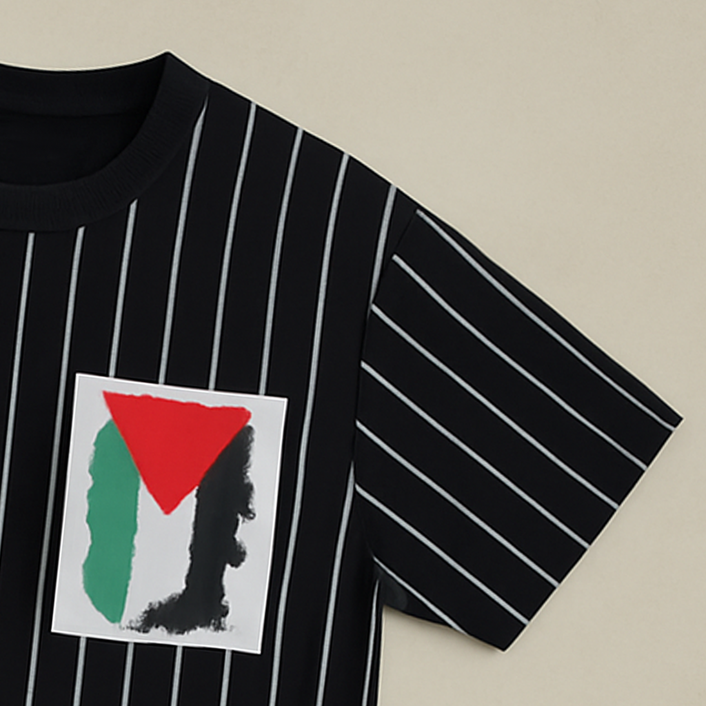 Black Striped T-Shirt with Flag-Inspired Chest Print – Bold & Stylish