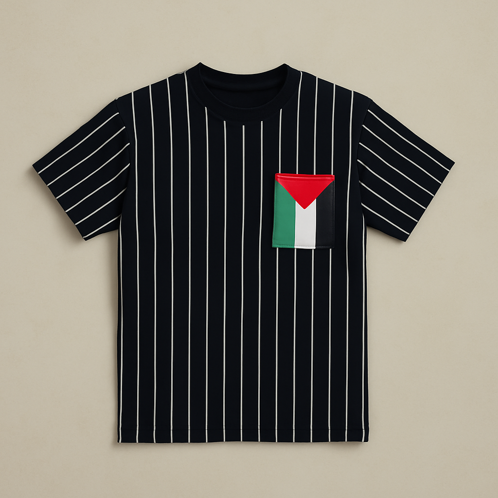 Black Striped T-Shirt with Flag Pocket – Modern Streetwear Style