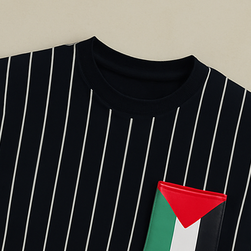 Black Striped T-Shirt with Flag Pocket – Modern Streetwear Style