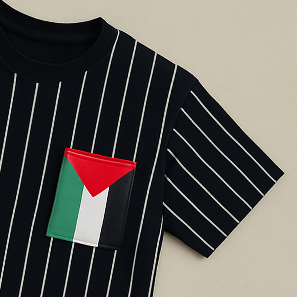 Black Striped T-Shirt with Flag Pocket – Modern Streetwear Style